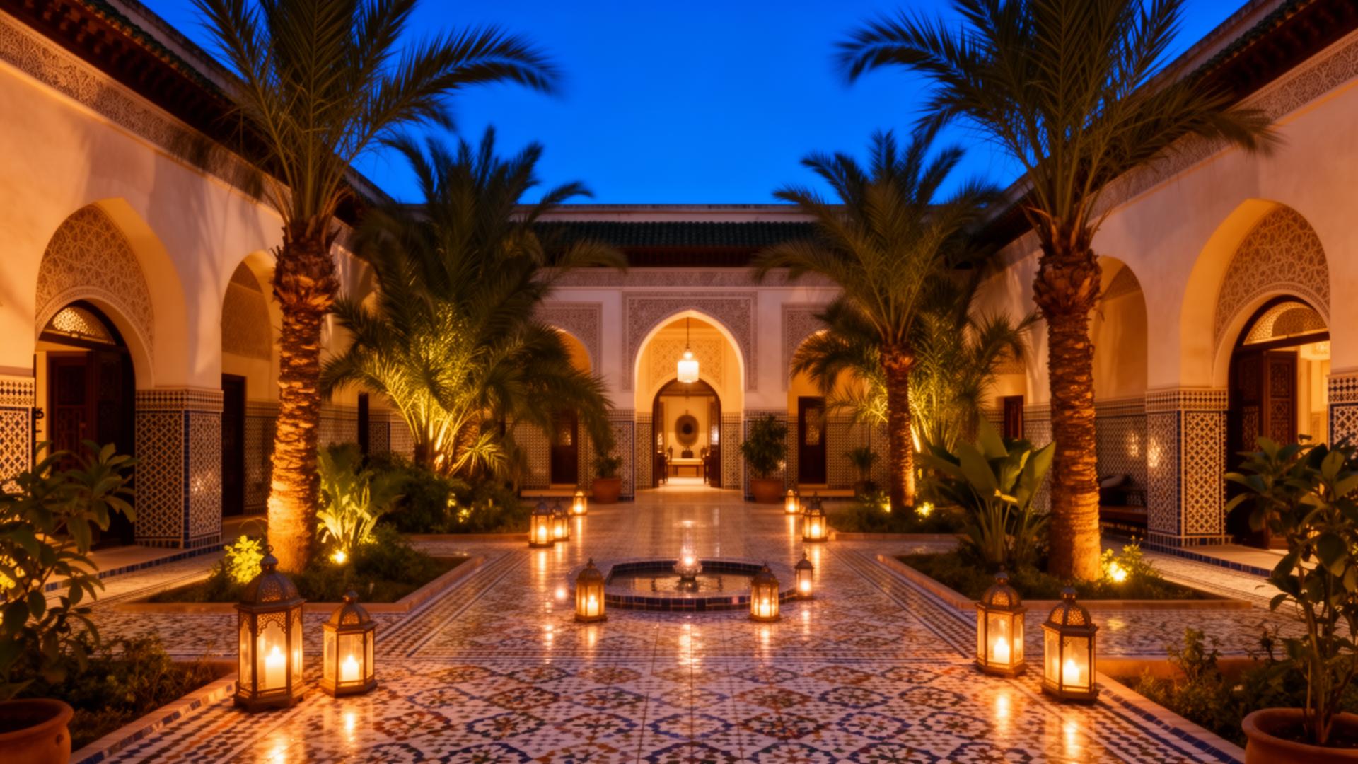 Riad marocain illuminé au crépuscule